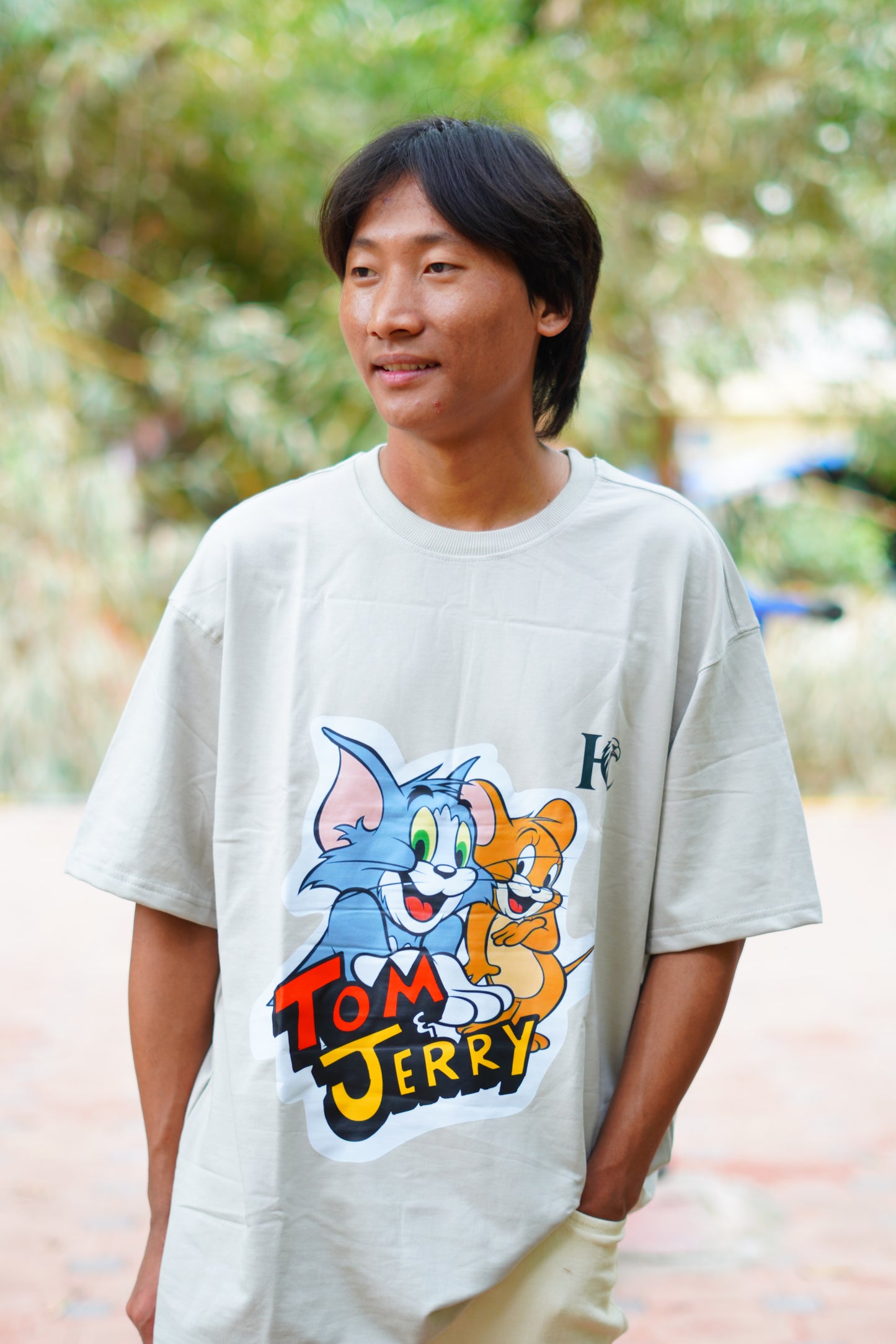 Haddu Men's Oversized T-Shirt – Tom & Jerry Front Cartoon Print on Premium Cotton, Ash Grey Color