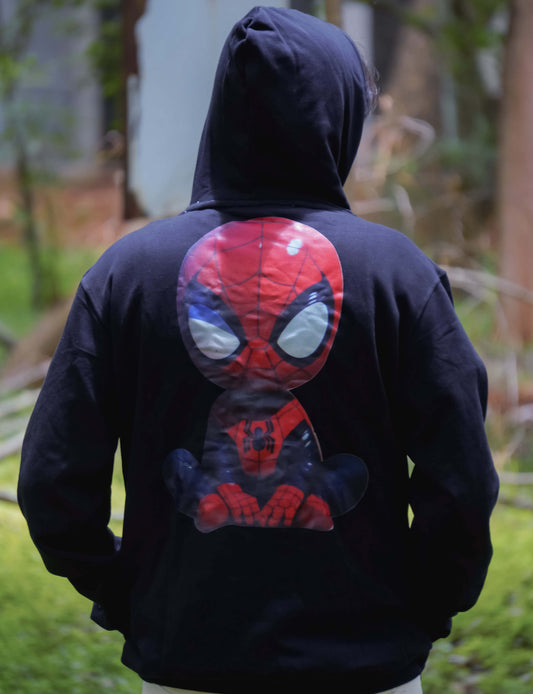 Baby spider man printed on HADDU's carbon black Men's Hoodies