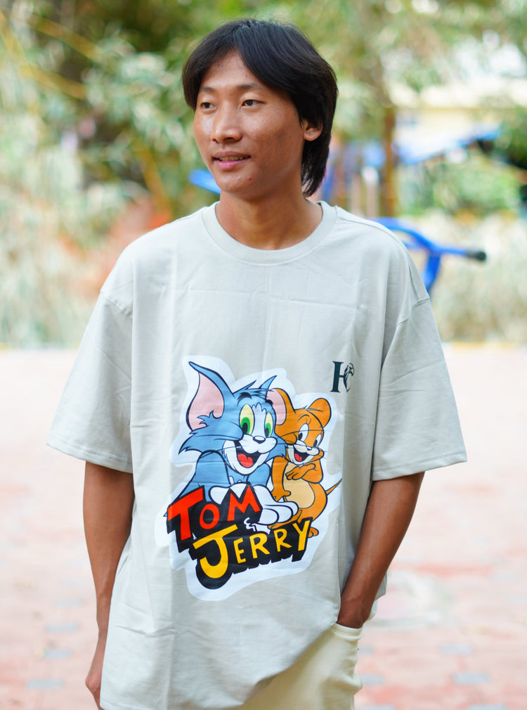 Front Tom & Jerry printed Ash Grey Color 240 gsm Cotton Oversized T-Shirts for Men