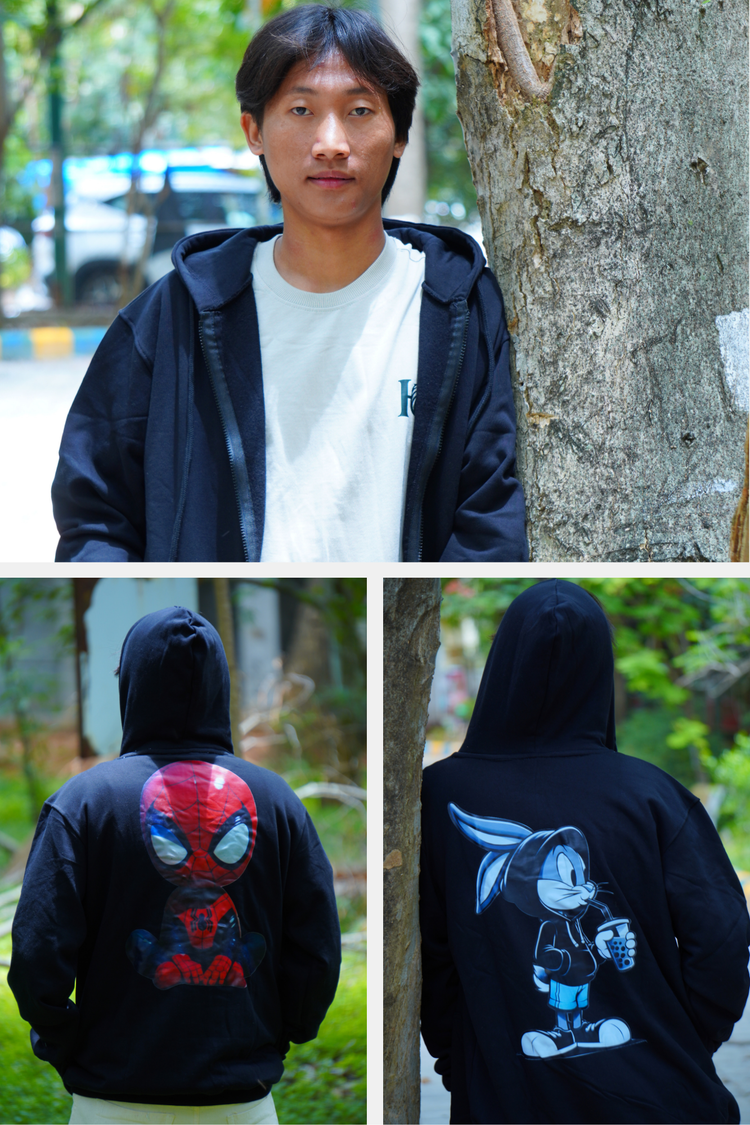 Haddu Clothing Deep Black Printed Hoodie on Premium Cotton