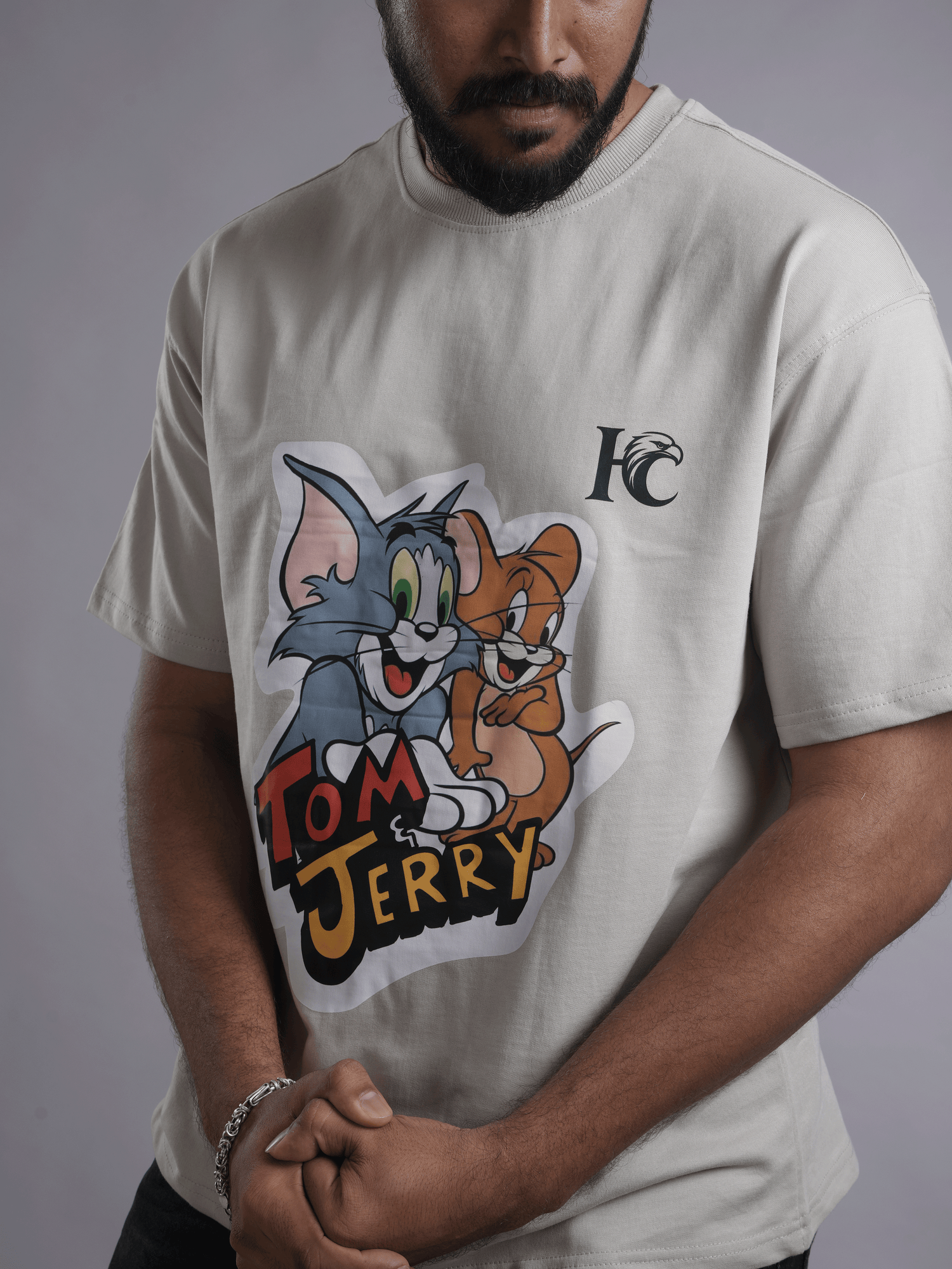 Front Tom & Jerry printed Ash Grey Color 240 gsm Cotton Oversized T-Shirts for Men