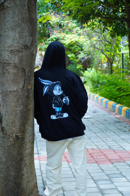 Deep Black Hoodie with a stylish rabbit printed on back hoodie Men's