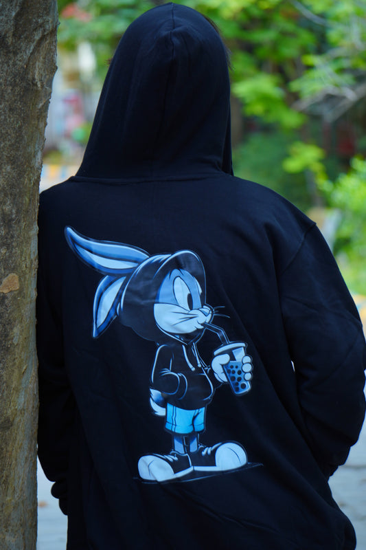 Deep Black Hoodie with a stylish rabbit printed on back hoodie Men's