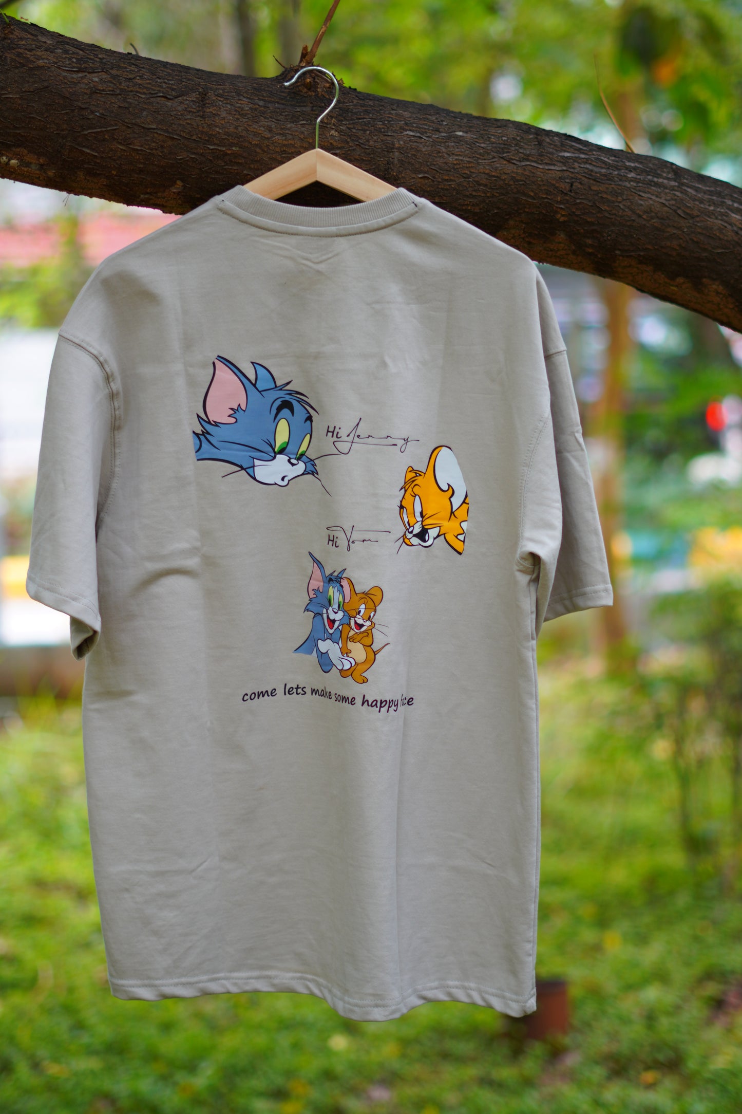Haddu Men's Oversized T-Shirt – Tom & Jerry Back Cartoon Print on Premium Cotton, Ash Grey Color