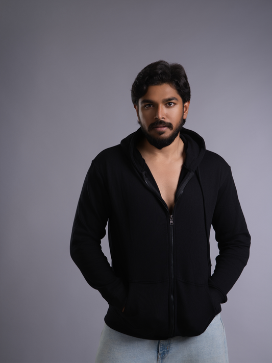 Deep Black with a stylish rabbit printed on Haddu's Hoodies