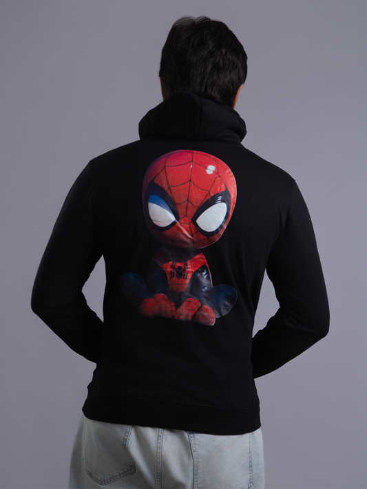 Baby spider man printed on HADDU's carbon black Men's Hoodies